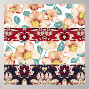 Póster Orange vintage flowers with seamless paisley borde