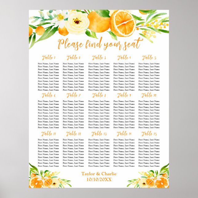 Póster Oranges Citrus Wedding 15 Tables Seating Chart (Frente)