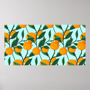 Póster oranges on leaf branches seamless pattern, citrus 