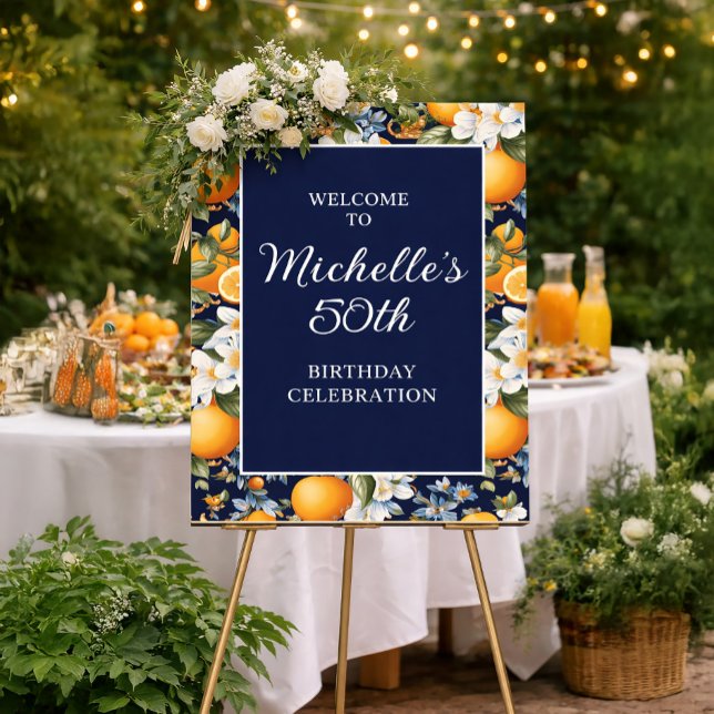 Póster Oranges White Flowers Navy Blue Birthday Welcome (16"x20" birthday poster with oranges on navy blue)