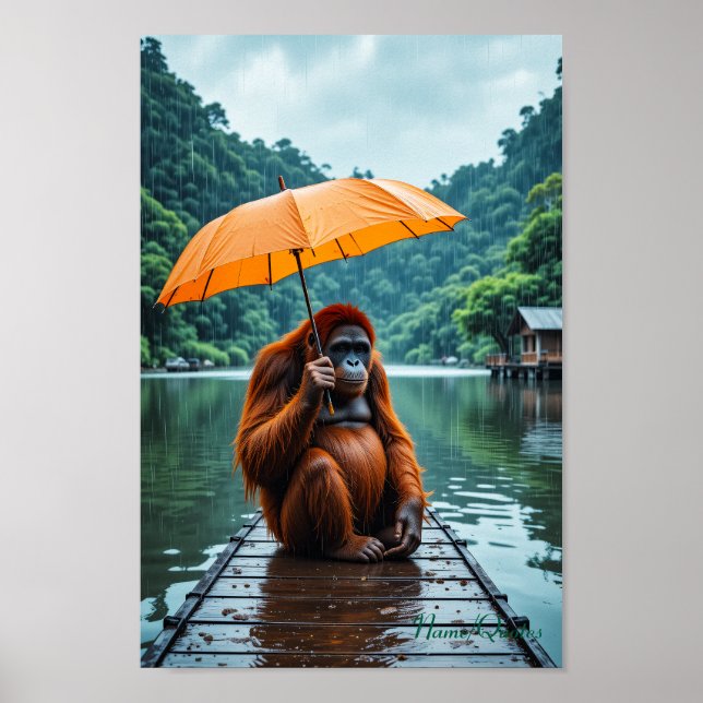 Póster Orangután con Paraguas Naranja (Frente)