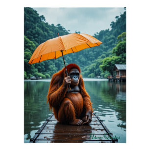 Póster Orangután con Paraguas Naranja