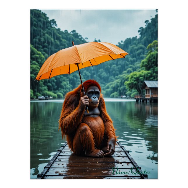Póster Orangután con Paraguas Naranja (Anverso)