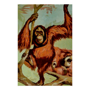 Póster Orangutanes vintage en un árbol -
