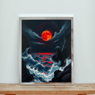 Póster Orbe Carmesí Sobre Mares Zafiro Tempestuosos