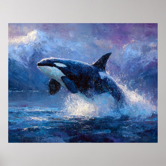 Póster Orca Rompiendo la Superficie Cerca de Montañas Nev (Frente)