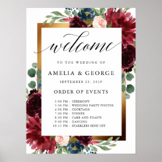 Póster Orden de bienvenida de Borgoña de los eventos boda