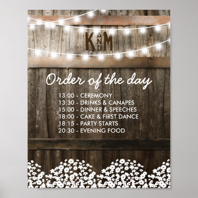 PÓSTER ORDEN DE BODA RÚSTICO DEL DÍA (Frente)