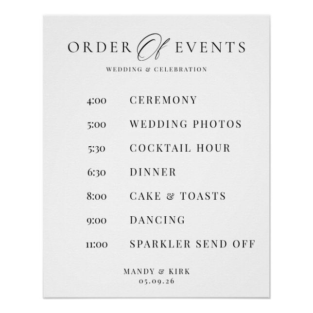 Póster Orden de Eventos Letrero de Boda Cronología Minima (Anverso)