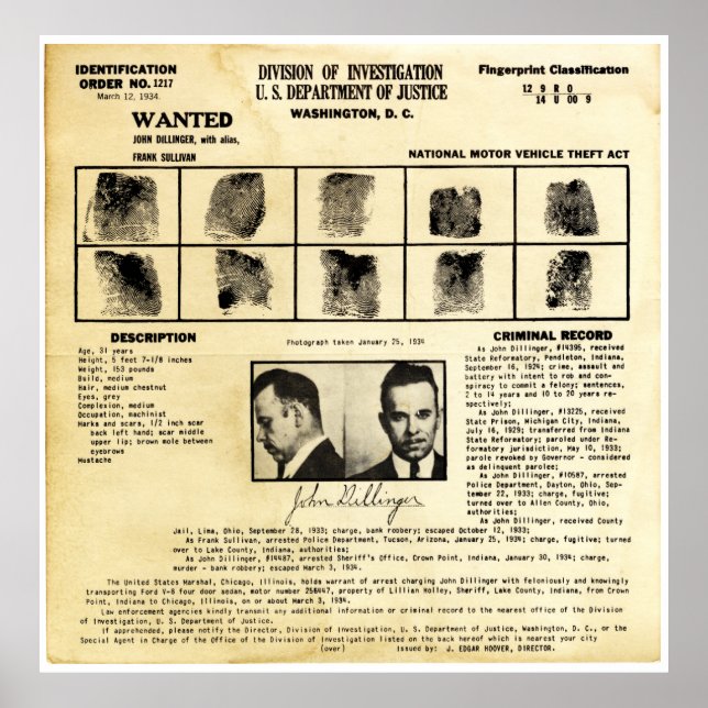 Póster Orden de identificación del DOJ 1217 John Dillinge (Frente)