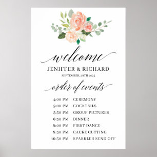 Póster orden de servicio de boda floral rosa boho