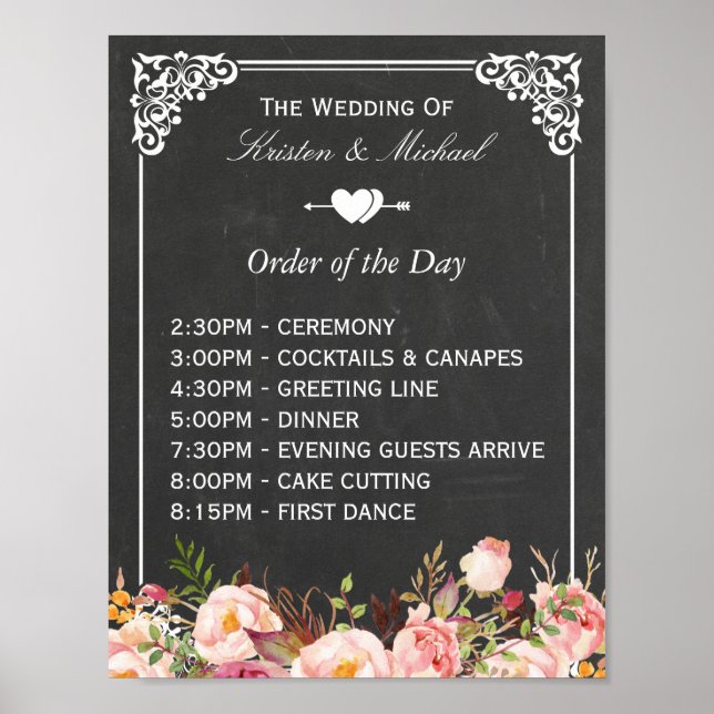 Póster Orden del día | Rótulo Boda Floral Chalkboard (Frente)