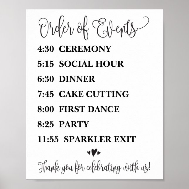Póster Order of Events Wedding Reception or Ceremony Sign (Frente)