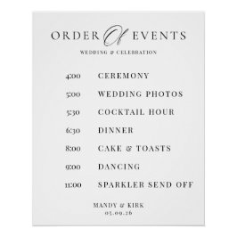 Póster Order of Events Wedding Sign Minimalist Timeline 