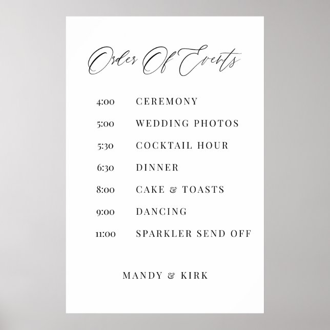 Póster Order of Events Wedding Sign Minimalist Timeline  (Frente)