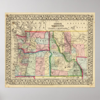Póster Ore, Wash, Idaho, Mapa Mont de Mitchell