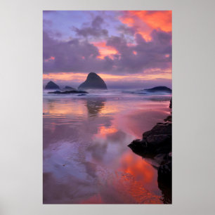Póster Oregon beach and sea stacks, sunset