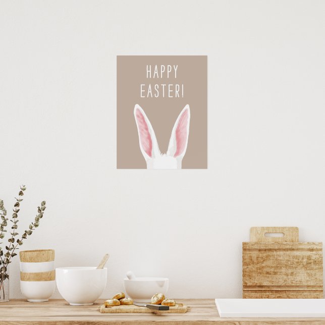 Póster Orejas de conejo acuarela sobre beige ¡Feliz Pascu (Cocina)
