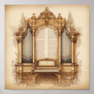 Póster Órgano de tubos barroco ornamentado con escritura