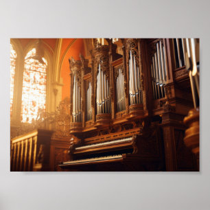 Póster Órgano de tubos de catedral gótica con cálida luz 