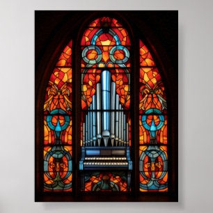 Póster Órgano de Tubos de Catedral Gótica Ventana de Vidr