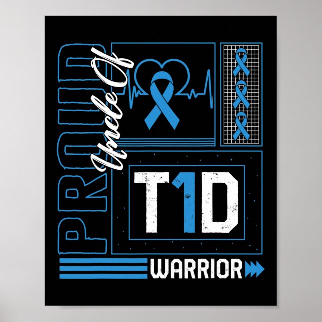 Póster Orgulloso Tío Del Guerrero Del T1D, Ribon Diabetes (Frente)