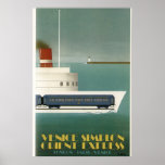 Póster Orient Express Train Ferry Art Deco Poster<br><div class="desc">Reproducción de un afiche de viaje Orient Express. Muestra una idea para un ferry de tren,  que nunca se hizo realidad. Maravilloso estilo art déco,  en el agua,  azul,  blanco,  amarillo y un baño turco rojo en el ferry.</div>