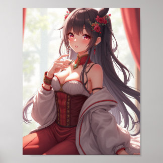 Póster Oriental Beauty: Anime Girl in a Red Corset