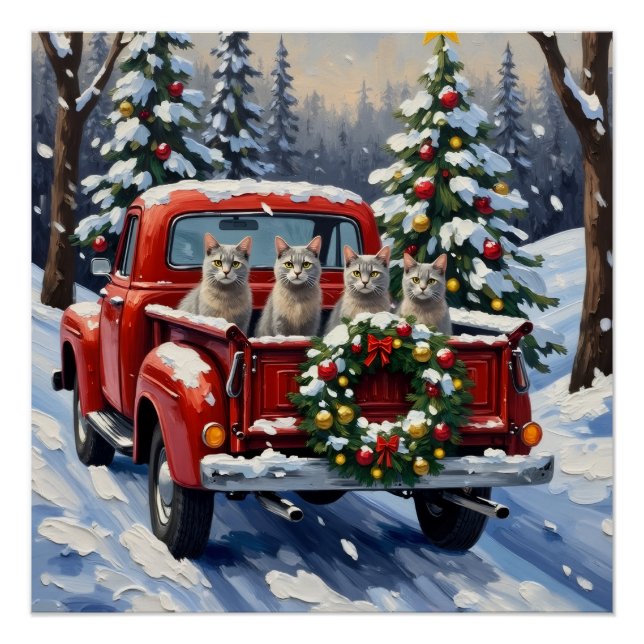 Póster Oriental Blue Cat Christmas Red Truck Holiday (Anverso)