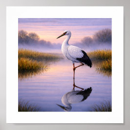 Póster Oriental Stork at Dusk – Japanese Wild Birds Art