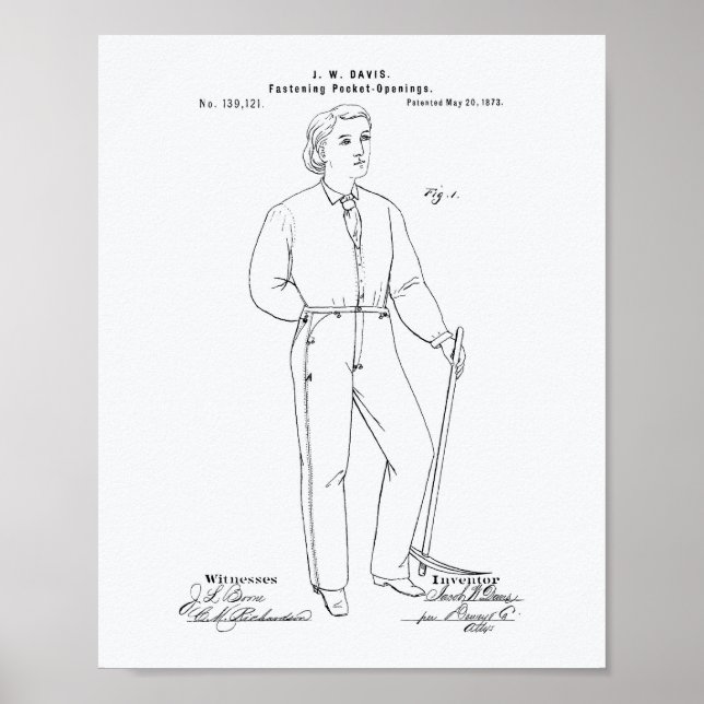Póster Original Blue Jeans 1873 Patent Art White Paper (Frente)