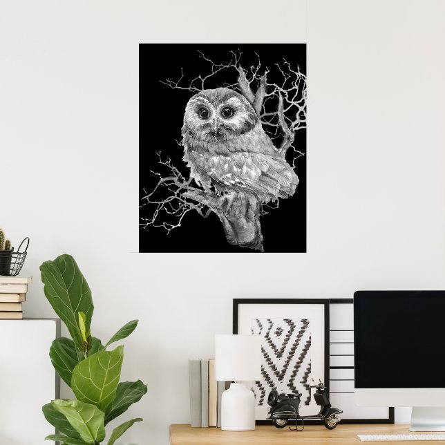 Póster Original Watercolor Baby Owl Bird Art (Oficina en casa)