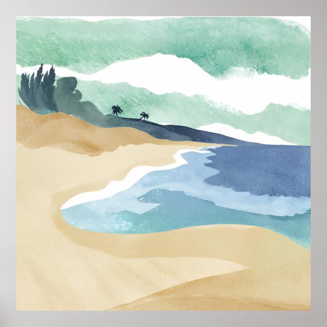 Póster Orilla de la Playa | Acuarela Azul (Frente)