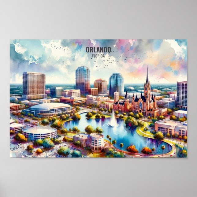 Póster Orlando Florida Famous Travel Places acuarela (Frente)