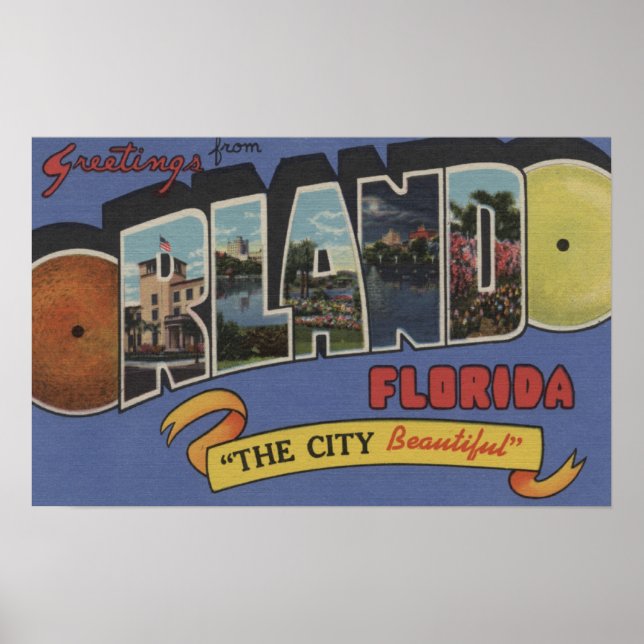 Póster Orlando, Florida - Large Letter Scenes (Frente)