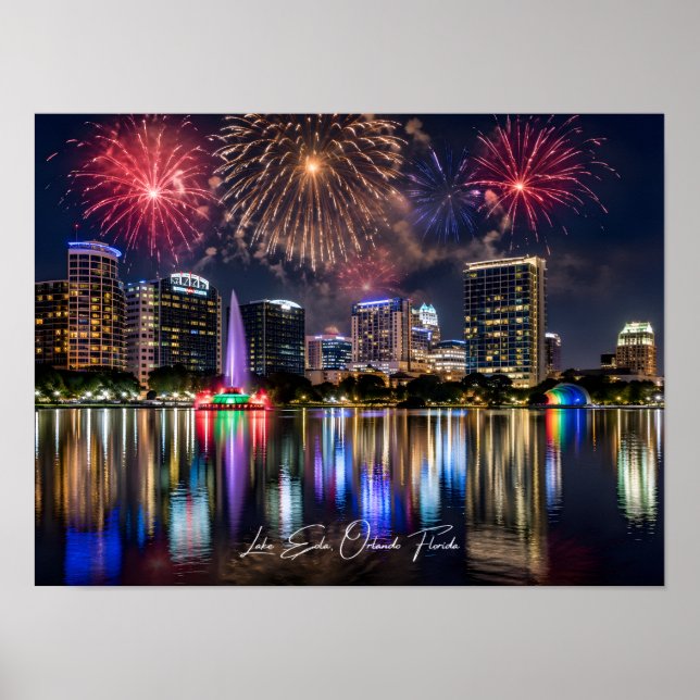 Póster Orlando Florida Skyline with Lake Eola Fireworks (Frente)