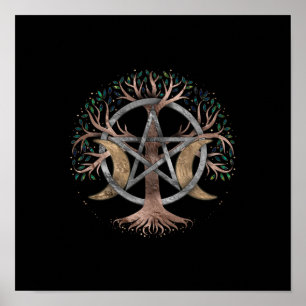 Póster Ornamento de la luna Pentagrama del árbol de la v