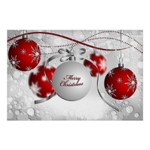 Póster Ornamento de las Felices Navidad en plata y rojo