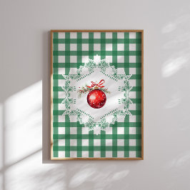 Póster Ornamento de Navidad Rojo Fiesta Verde de Gingham