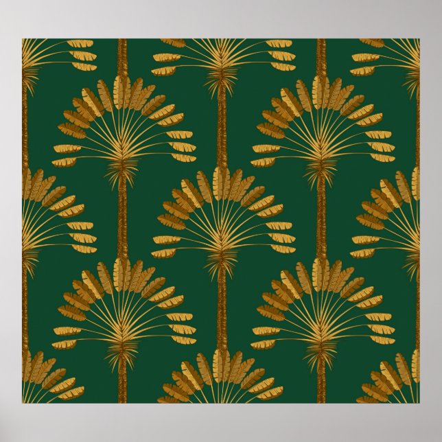 Póster Ornamento de palmeras doradas sobre un fondo verde (Frente)