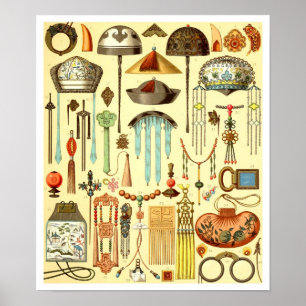 Póster Ornamentos chinos del pelo, insignias espesas, y