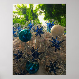 Póster Ornamentos festivos de Navidad azul y plata