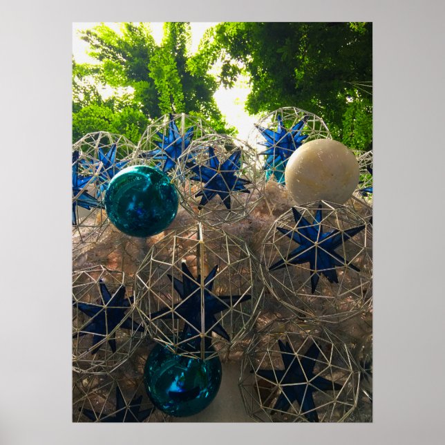 Póster Ornamentos festivos de Navidad azul y plata (Frente)