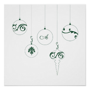 Póster Ornamentos navideños de Monograma Verde Invierno B