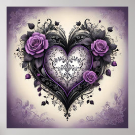 Póster Ornate Black Purple Heart 💜 Gothic Vintage Style