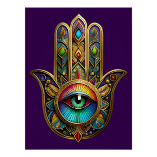 Póster Ornate Color Dorado Hamsa Verde sobre Rojo Tercer