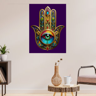 Póster Ornate Color Dorado Hamsa Verde sobre Rojo Tercer