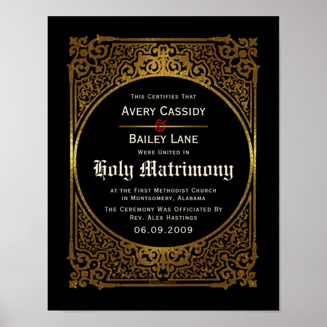 Póster Ornate Gold Antique Alternative Wedding Certificad (Frente)