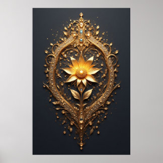 Póster Ornate Gold Frame With Large Metallic Flower Medal