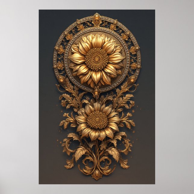 Póster Ornate Gold Frame With Large Metallic Flower Medal (Frente)